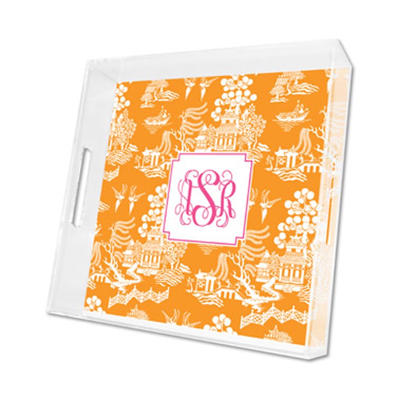 chinoiserie tangerine lucite tray - square