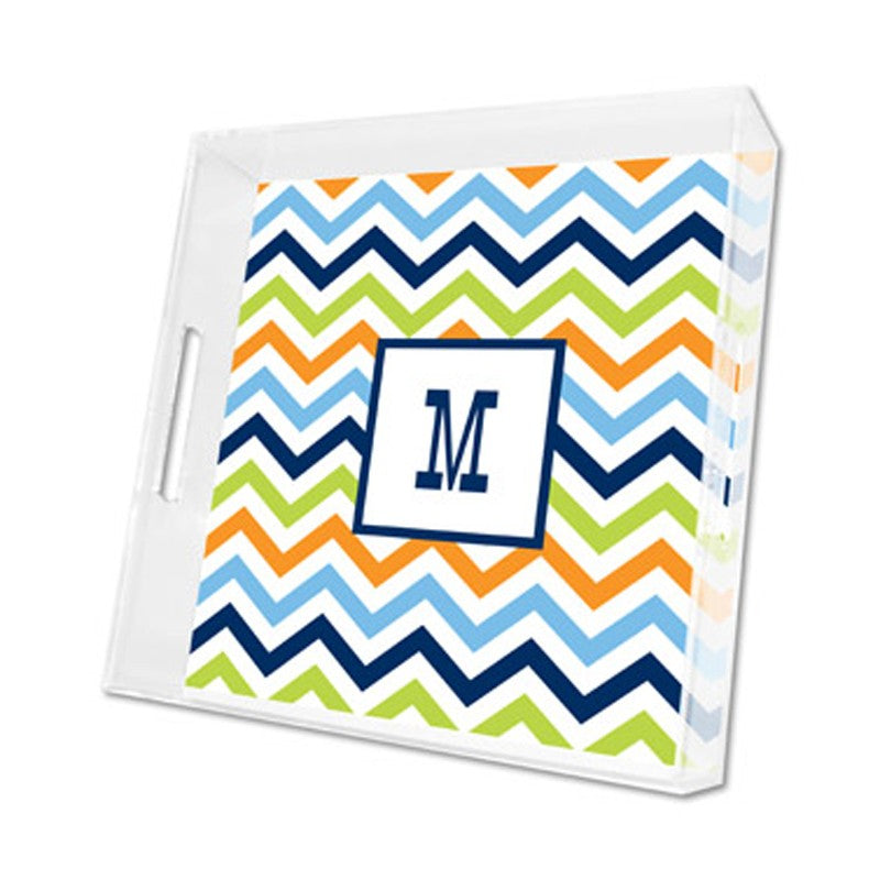 chevron blue, orange & lime lucite tray - square