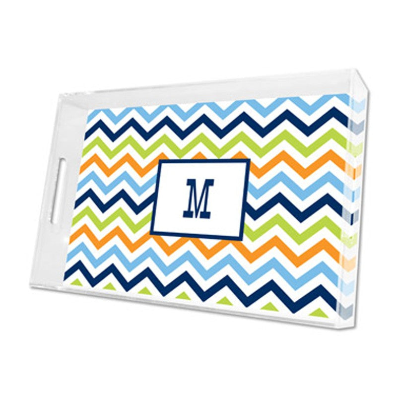 chevron blue, orange & lime lucite tray - large