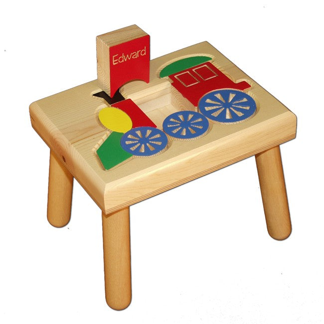 train puzzle stool with engraved name