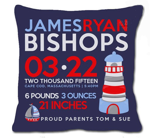 birth announcement new baby lighthouse pillow (dark)
