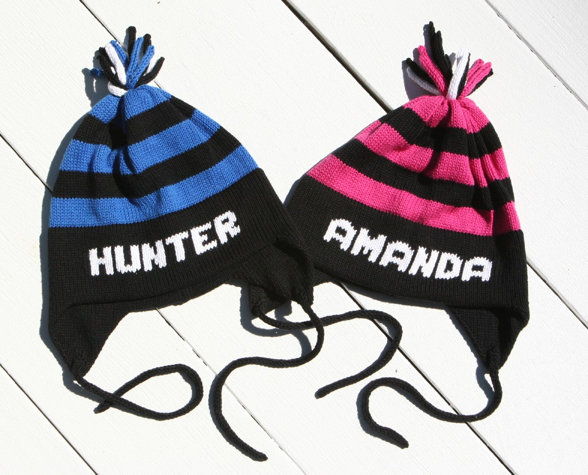 midnight black stripe ear flap hat
