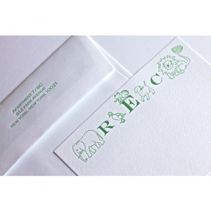 animal monogram green baby stationery