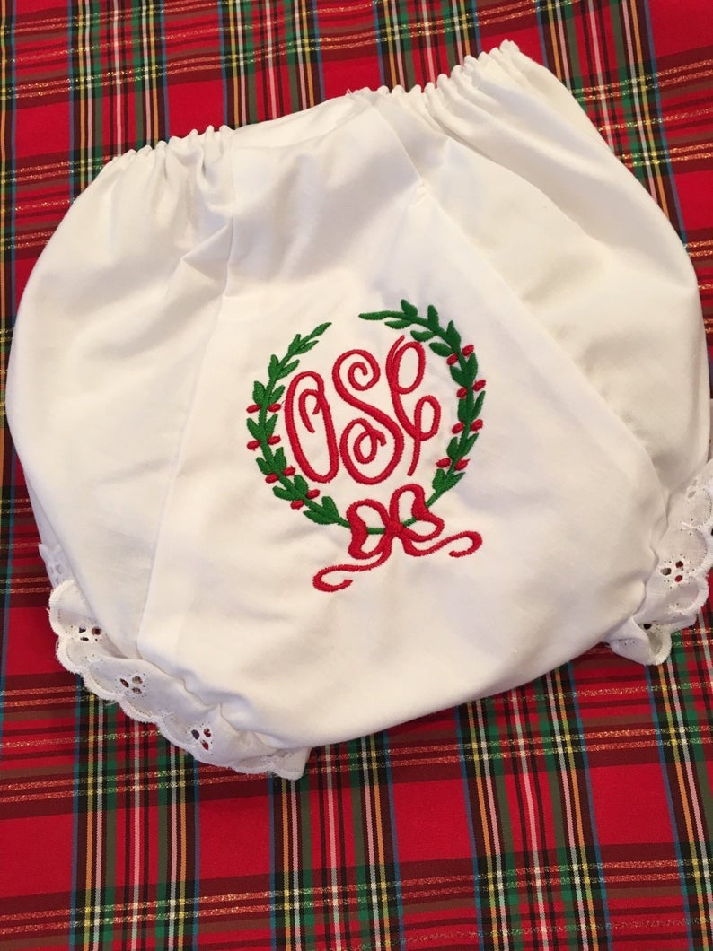 Heirloom Embroidered Monogram Christmas Bloomers / Diaper Covers
