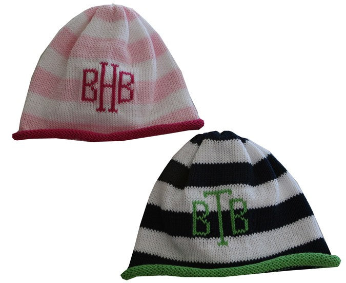 striped monogrammed beanie cap