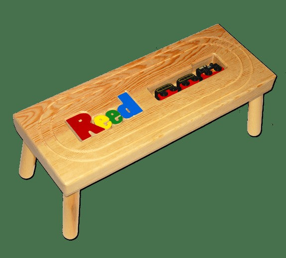 personalized name puzzle stool with locomotive train