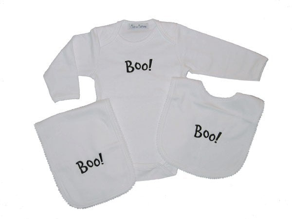 "boo" halloween layette set