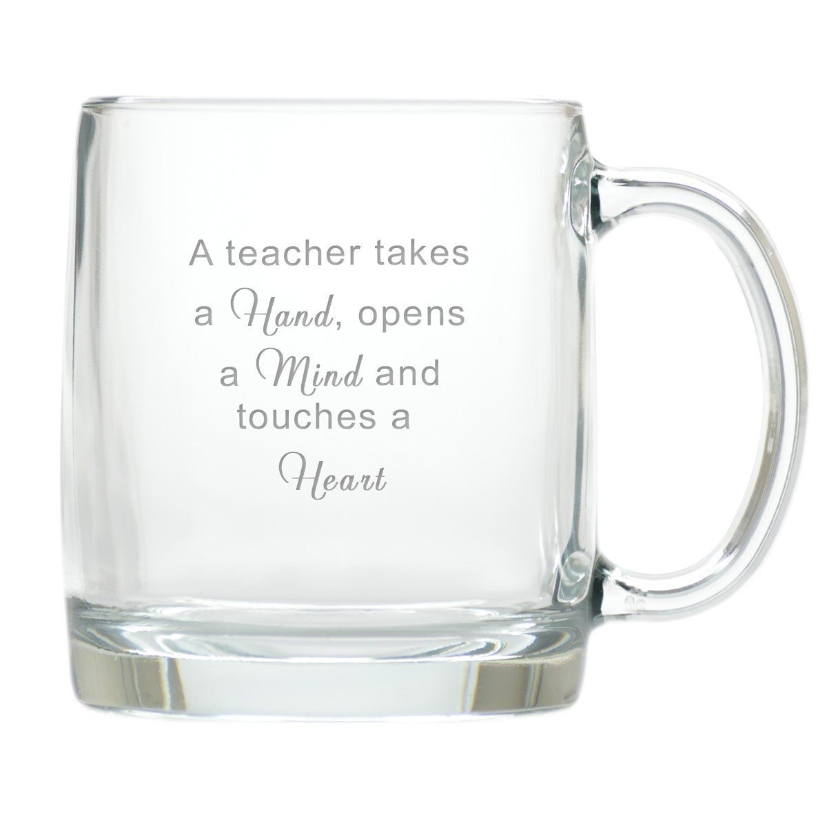 large teacher glass mug (hand mind heart)