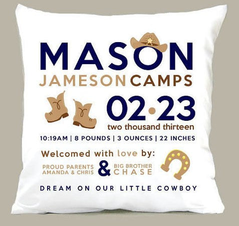 birth announcement new baby cowboy pillow