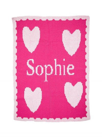 personalized full name blanket and multiple hearts and scalloped edge