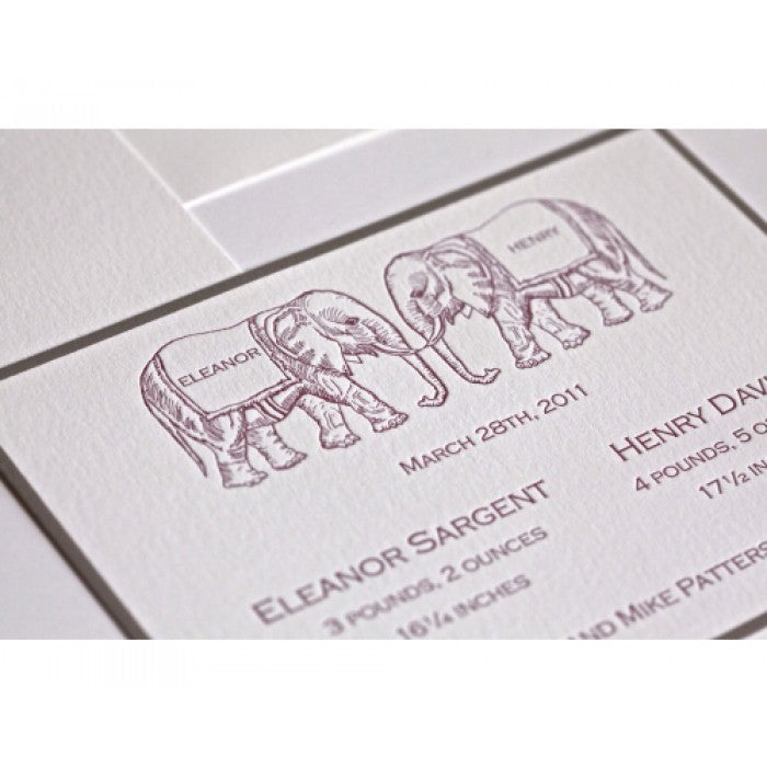 letterpress baby announcement - twin trunks