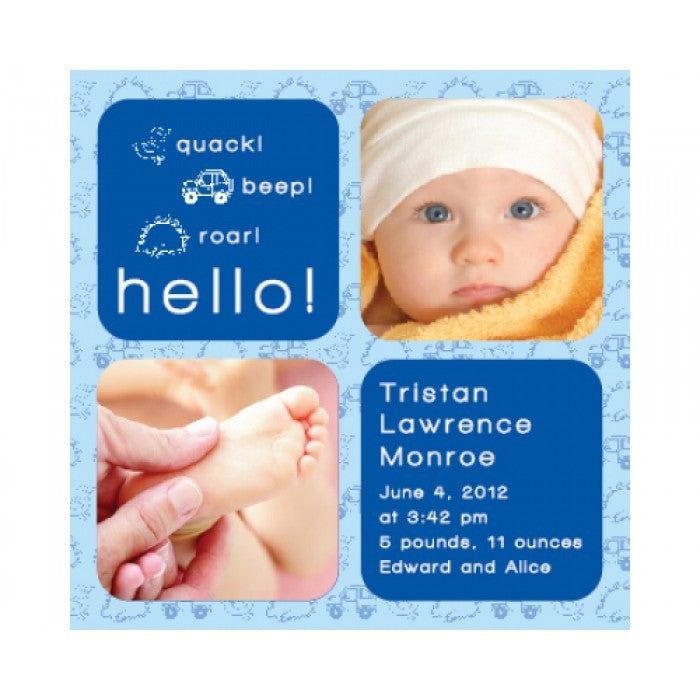 flat print baby announcement - tiny tootsies blue