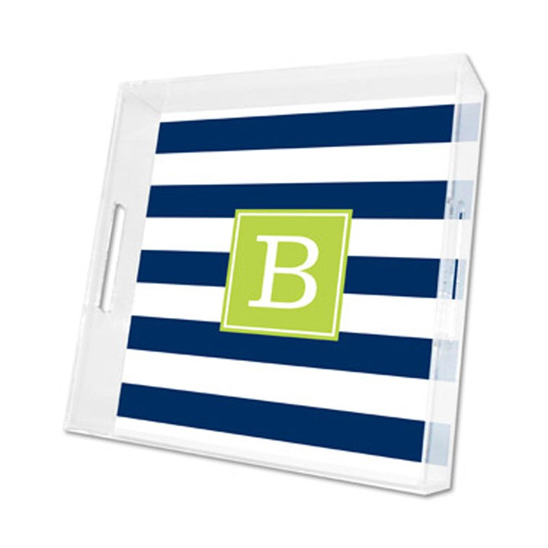 awning stripe navy lucite tray - square