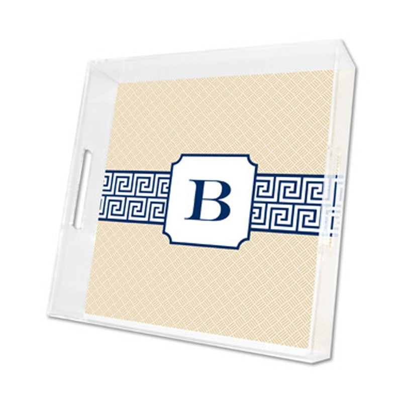 greek key band navy lucite tray - square