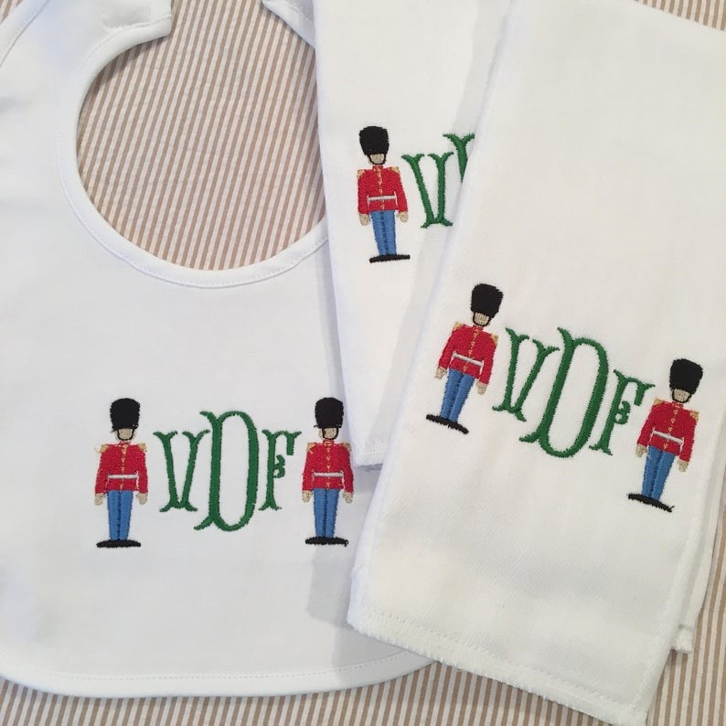 toy soldiers baby bib and burp cloth set