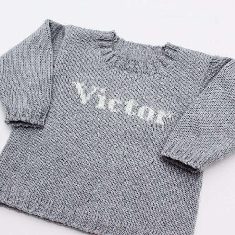 baby boy custom knit name sweater (pale grey and cream)