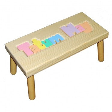 personalized name puzzle stool - natural with pastel colors