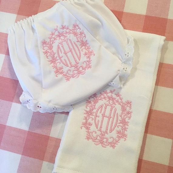 floral ivy and bow bloomer and burp set