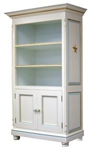 evan bookcase - linen/blue & gold star moulding