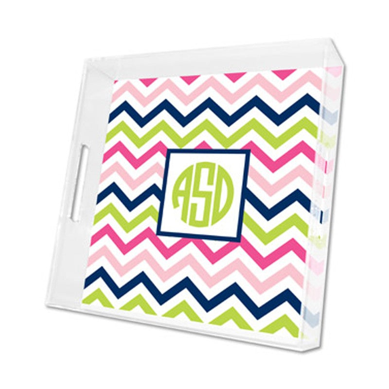 chevron pink, navy & lime lucite tray - square