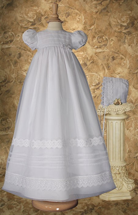 girls organza christening gown with lace & pin tucking