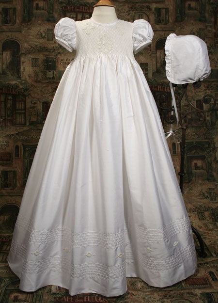 silk dupioni christening gown with smocked bodice