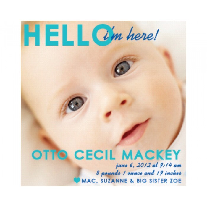 flat print baby announcement - hello! blue