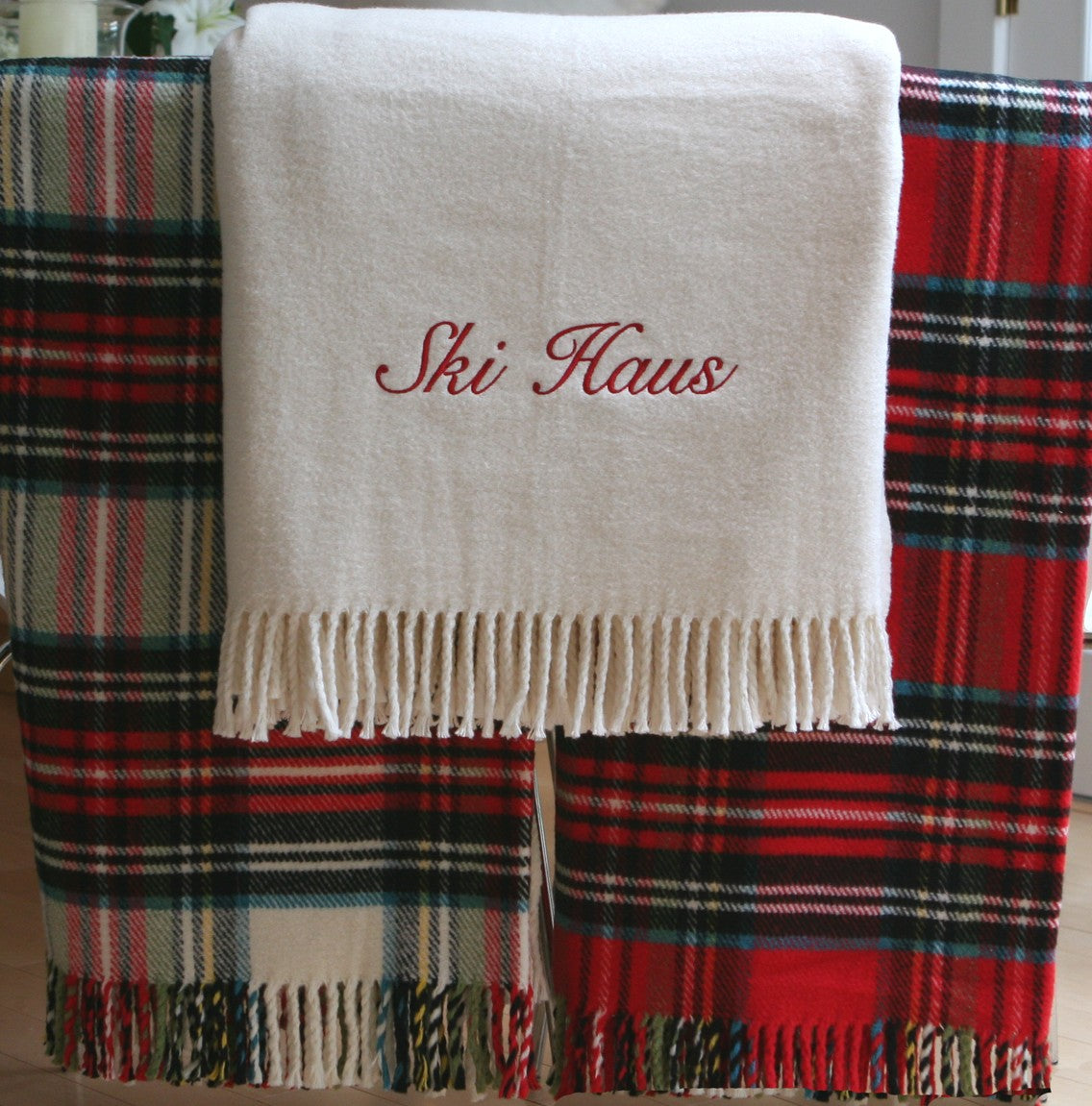 personalized creme holiday throw