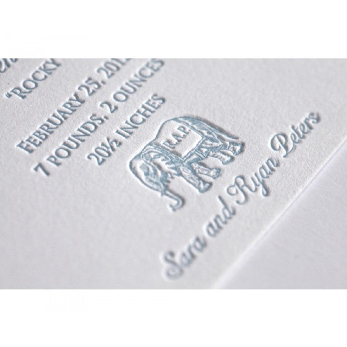 letterpress elephant baby announcement - rocky