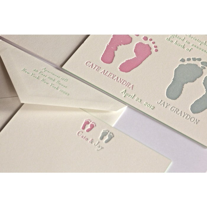 letterpress footprint baby announcement - cate & jay