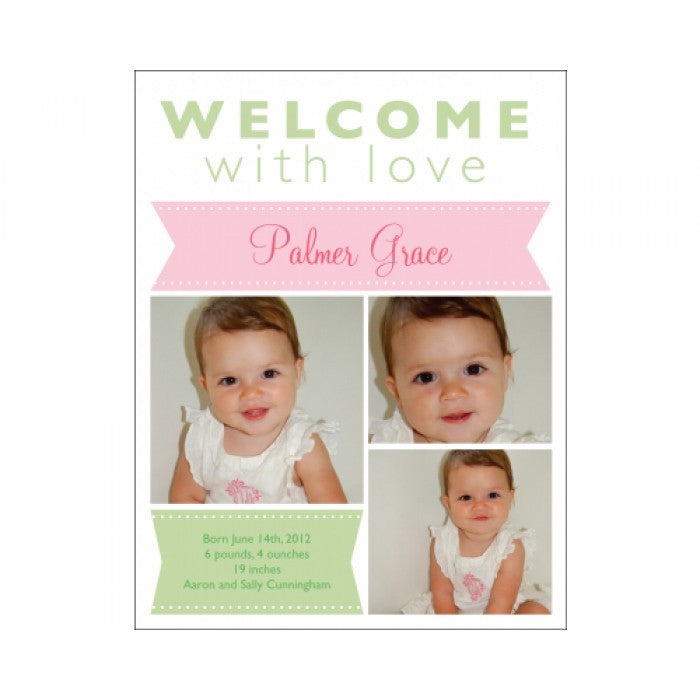 flat print baby announcement - pink ribbon