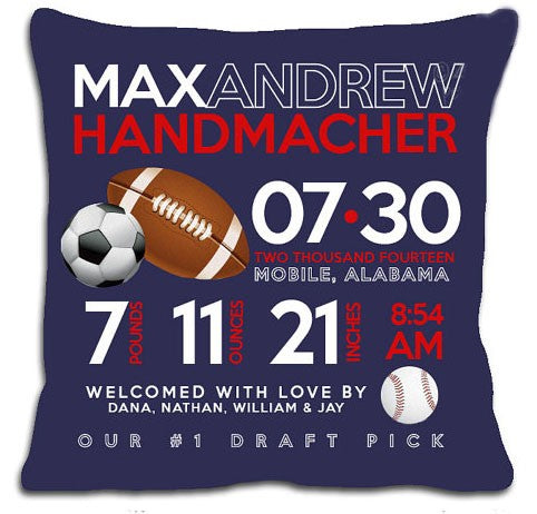 birth announcement new baby sports pillow (dark)